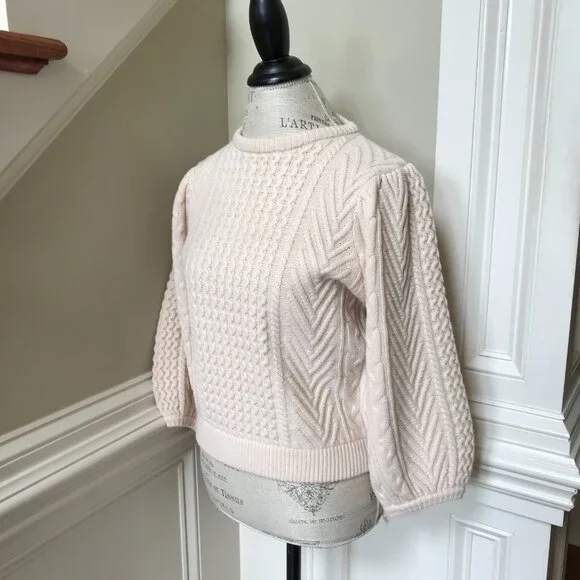 NWT Demylee Feline Sweater Womens Small Cream Buttermilk Crew Neck Fisherman NEW